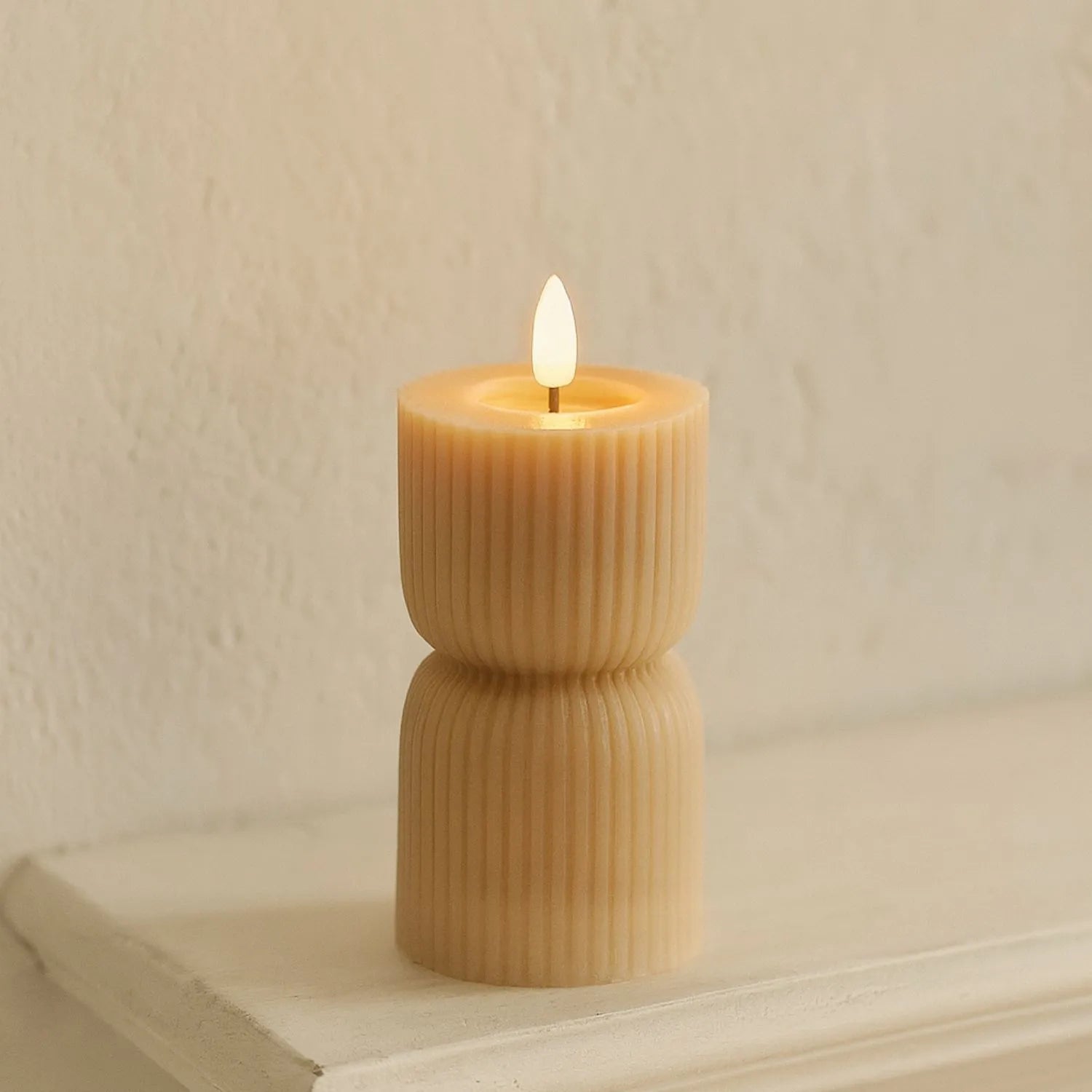 Small Neutral Stone-Beige Sculpted Ribbed Wax LED Flameless Pillar Candle with Flickering Flame – Battery Operated Decorative Light 14x7x7cm | Click Style