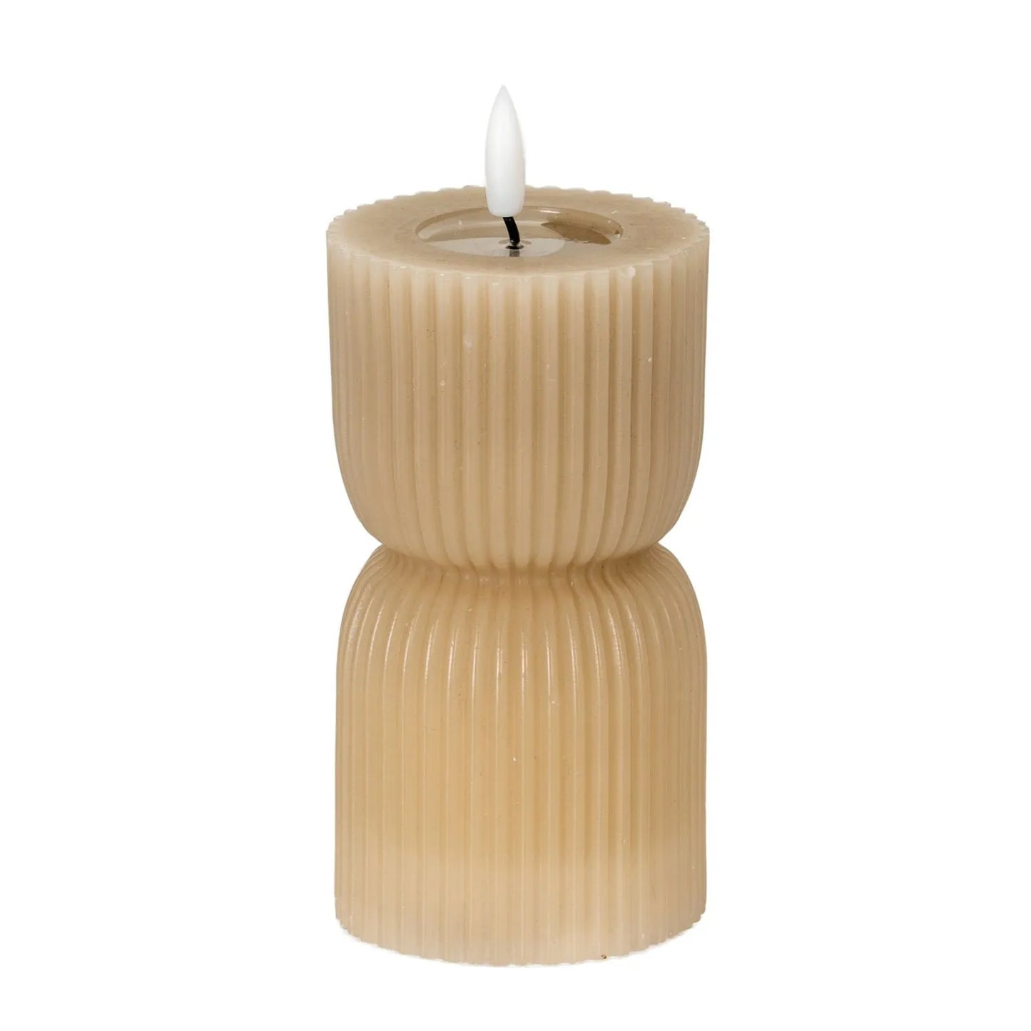 Small Neutral Stone-Beige Sculpted Ribbed Wax LED Flameless Pillar Candle with Flickering Flame – Battery Operated Decorative Light 14x7x7cm | Click Style