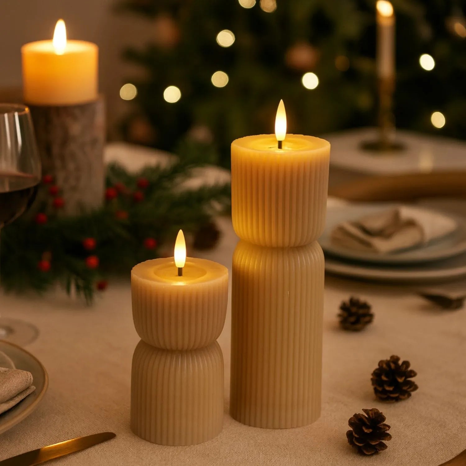 Small Neutral Stone-Beige Sculpted Ribbed Wax LED Flameless Pillar Candle with Flickering Flame – Battery Operated Decorative Light 14x7x7cm | Click Style