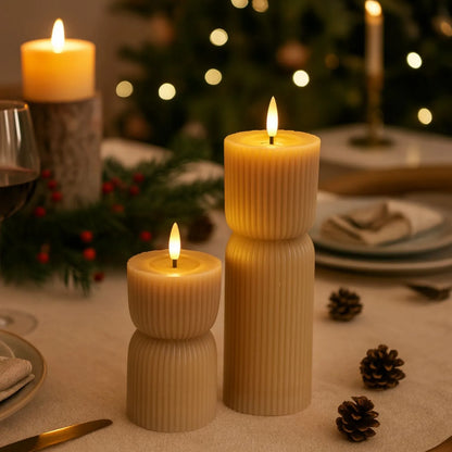 Small Neutral Stone-Beige Sculpted Ribbed Wax LED Flameless Pillar Candle with Flickering Flame – Battery Operated Decorative Light 14x7x7cm | Click Style