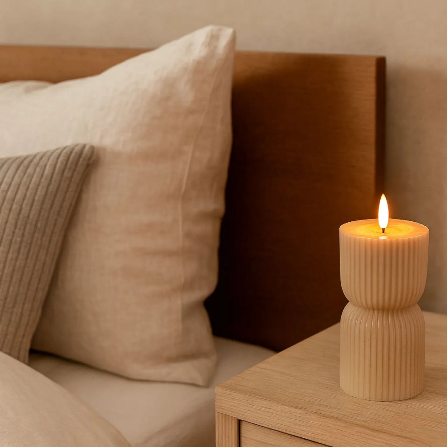 Small Neutral Stone-Beige Sculpted Ribbed Wax LED Flameless Pillar Candle with Flickering Flame – Battery Operated Decorative Light 14x7x7cm | Click Style