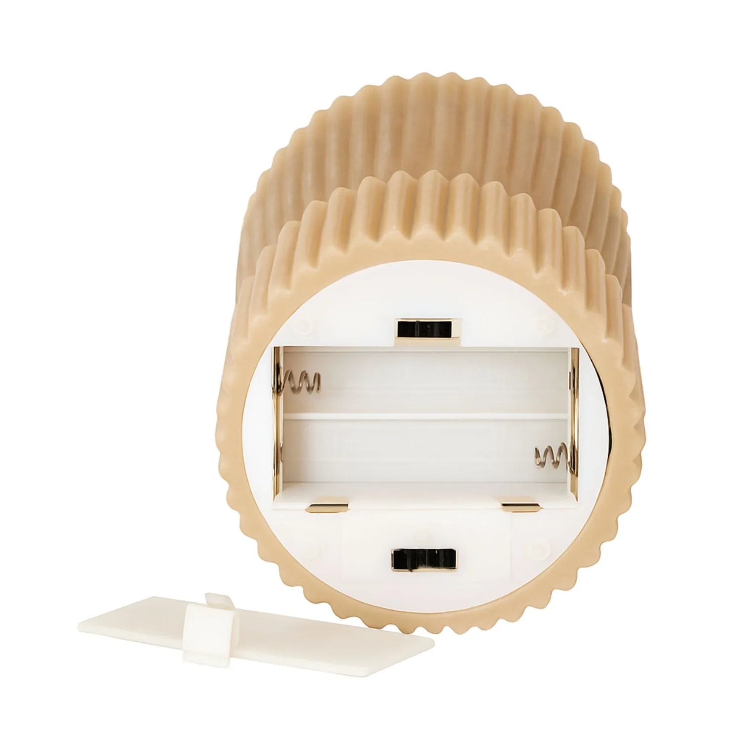 Small Neutral Stone-Beige Sculpted Ribbed Wax LED Flameless Pillar Candle with Flickering Flame – Battery Operated Decorative Light 14x7x7cm | Click Style