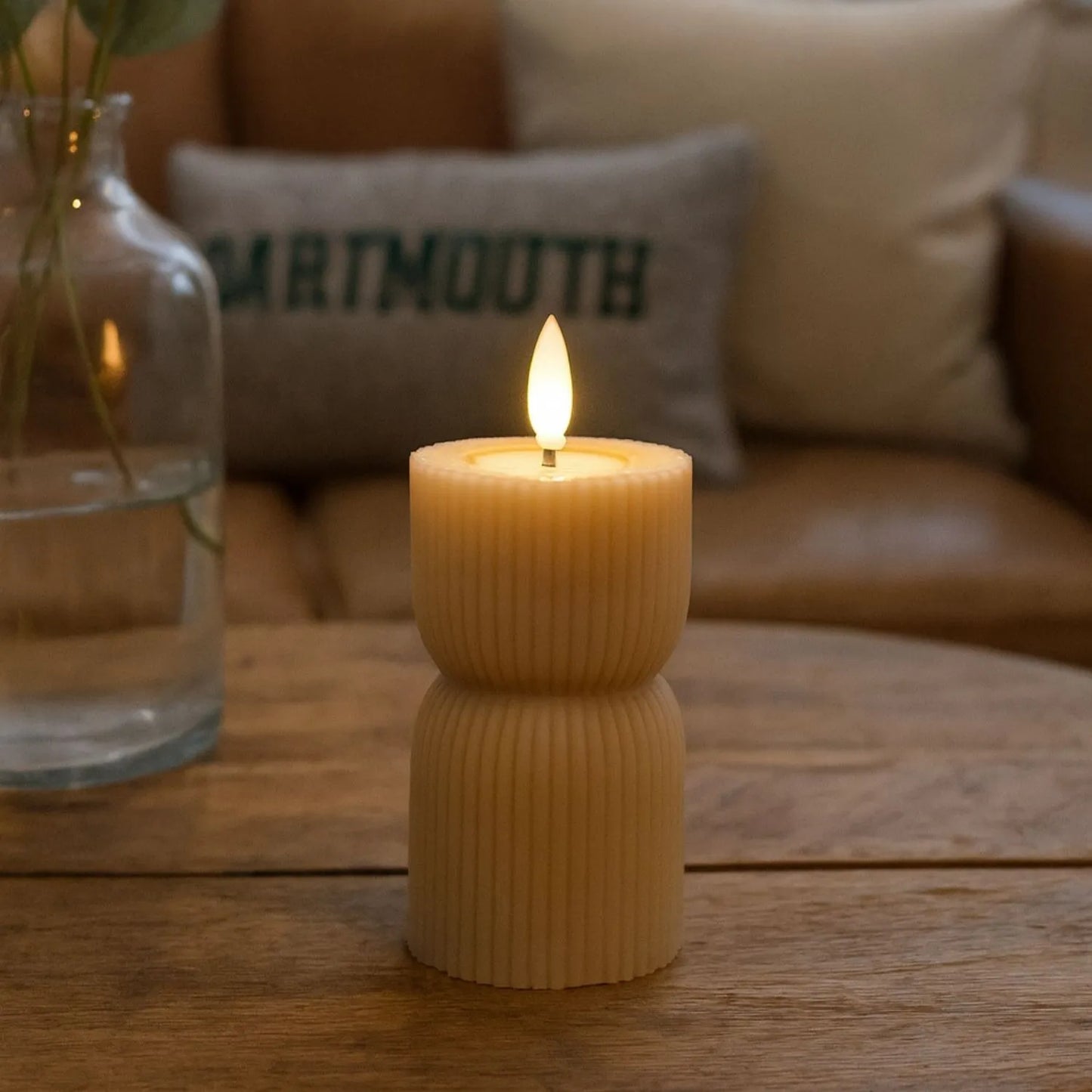 Small Neutral Stone-Beige Sculpted Ribbed Wax LED Flameless Pillar Candle with Flickering Flame – Battery Operated Decorative Light 14x7x7cm | Click Style