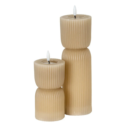 Small Neutral Stone-Beige Sculpted Ribbed Wax LED Flameless Pillar Candle with Flickering Flame – Battery Operated Decorative Light 14x7x7cm | Click Style