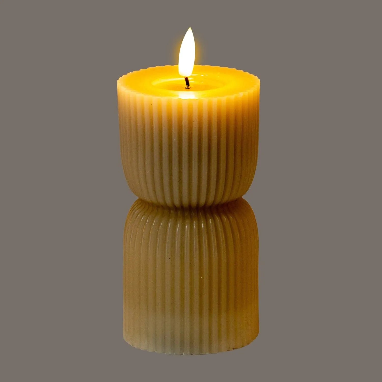 Small Neutral Stone-Beige Sculpted Ribbed Wax LED Flameless Pillar Candle with Flickering Flame – Battery Operated Decorative Light 14x7x7cm | Click Style