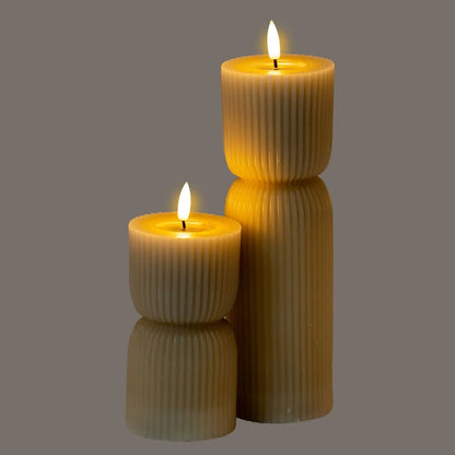 Small Neutral Stone-Beige Sculpted Ribbed Wax LED Flameless Pillar Candle with Flickering Flame – Battery Operated Decorative Light 14x7x7cm | Click Style