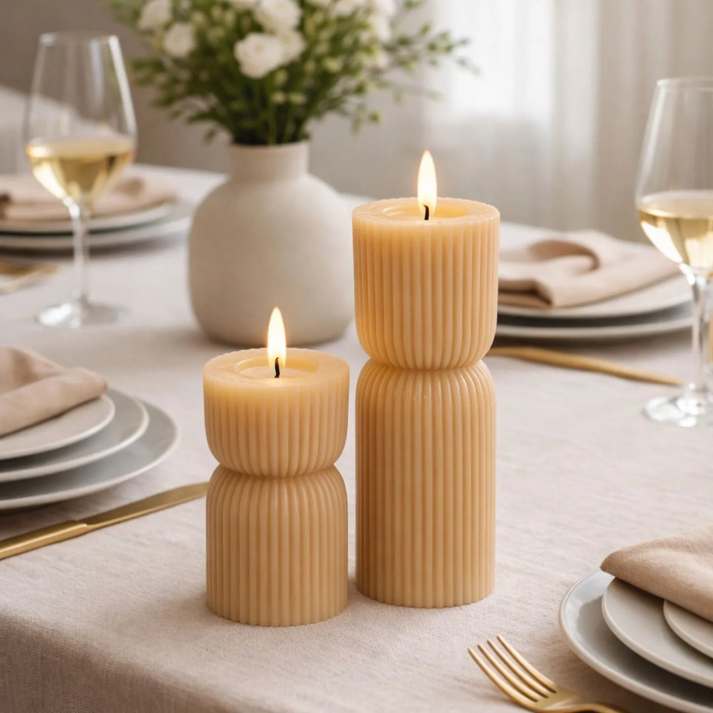 Small Neutral Stone-Beige Sculpted Ribbed Wax LED Flameless Pillar Candle with Flickering Flame – Battery Operated Decorative Light 14x7x7cm | Click Style