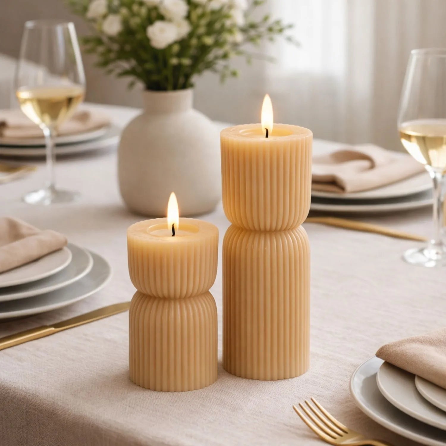 Small Neutral Stone-Beige Sculpted Ribbed Wax LED Flameless Pillar Candle with Flickering Flame – Battery Operated Decorative Light 14x7x7cm | Click Style
