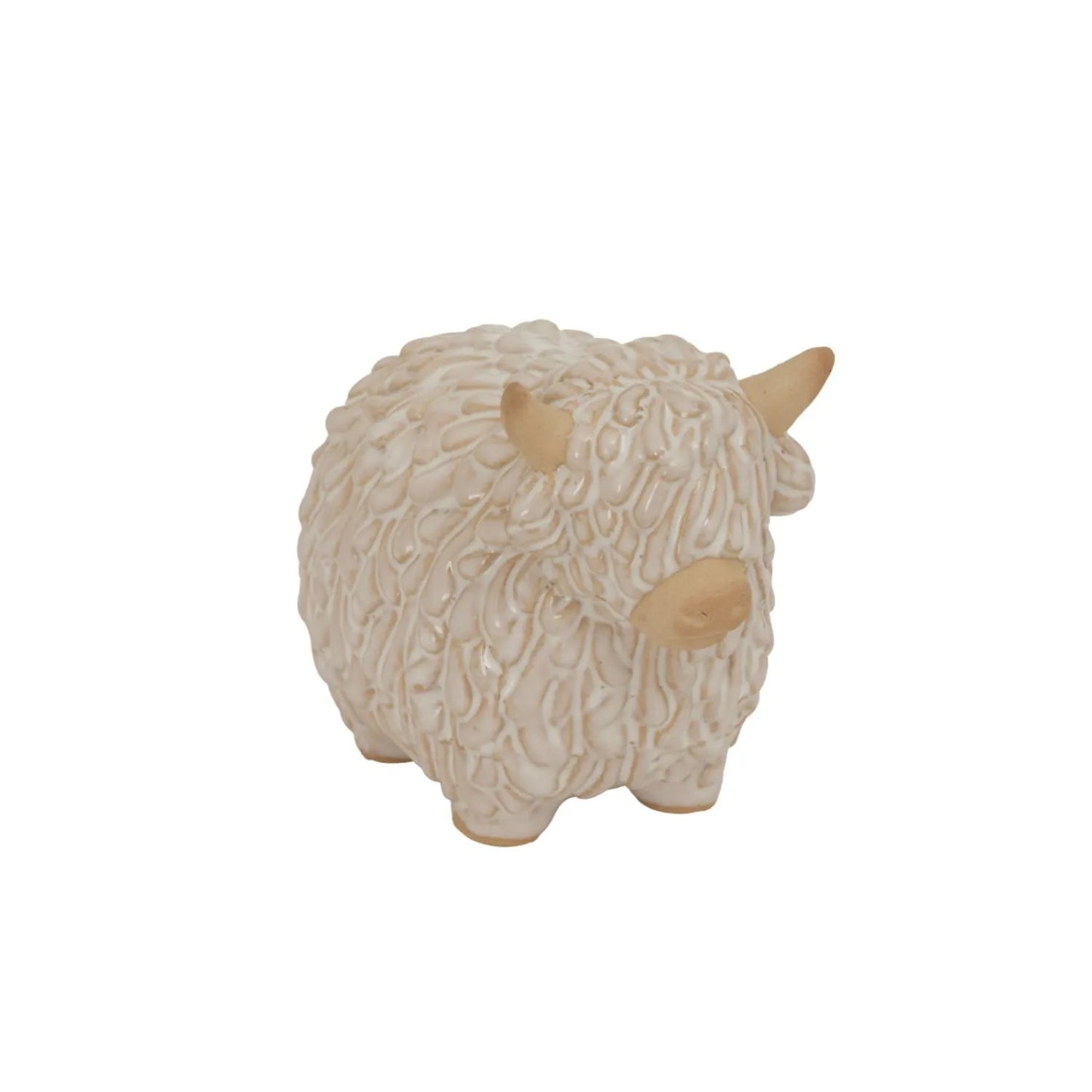 Small neutral white ceramic Highland cow ornament with textured shaggy coat and horns – rustic farmhouse decorative sculpture 10x14x8cm | Click Style