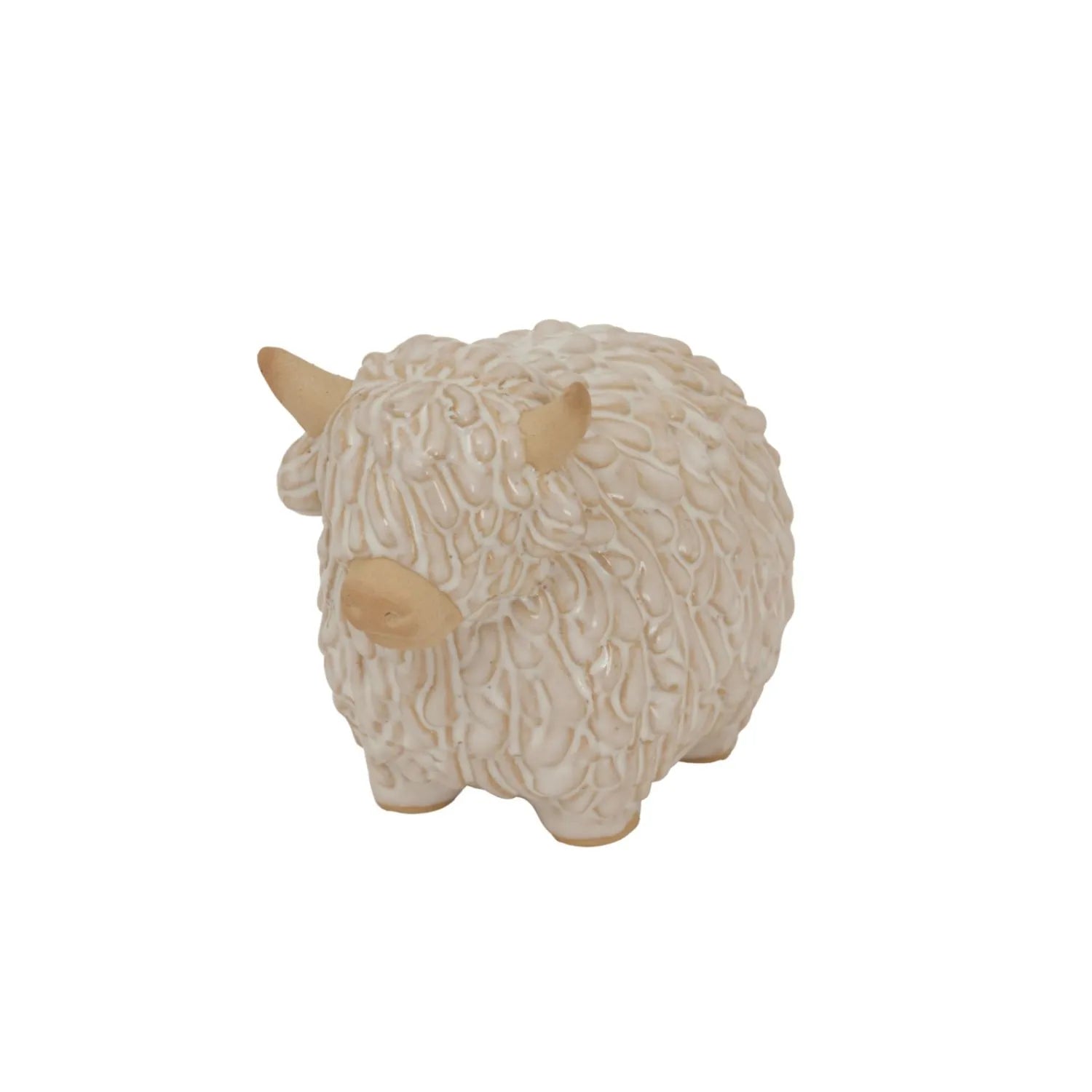 Small neutral white ceramic Highland cow ornament with textured shaggy coat and horns – rustic farmhouse decorative sculpture 10x14x8cm | Click Style