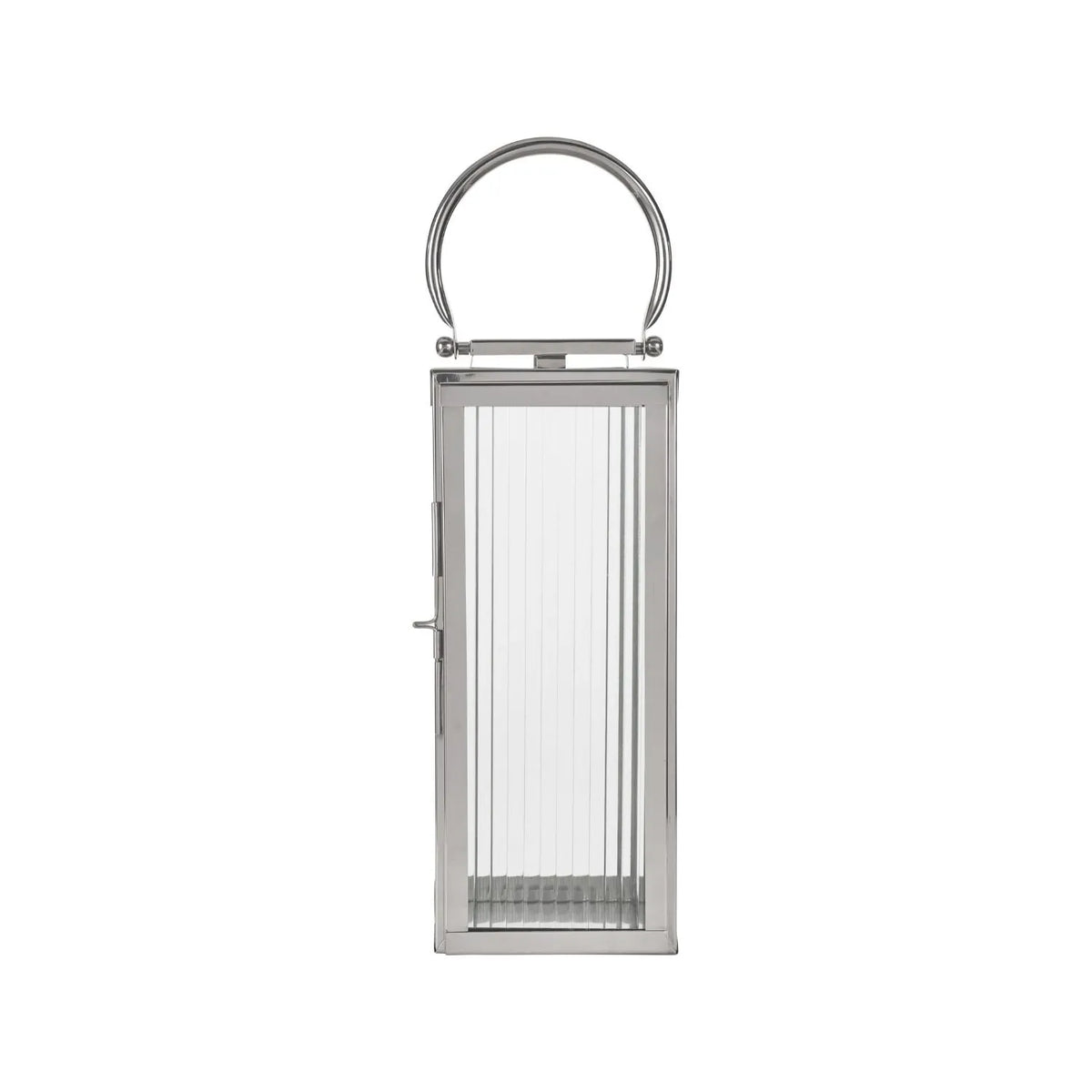 Small Polished Silver Nickel Candle Lantern with Ribbed Glass Panels & Curved Carry Handle – Decorative Stainless Steel Lantern 43x19x17cm – Full front view showing curved carry handle, ribbed glass and metal door fastening | Click Style