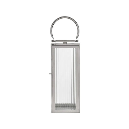 Small Polished Silver Nickel Candle Lantern with Ribbed Glass Panels & Curved Carry Handle – Decorative Stainless Steel Lantern 43x19x17cm – Full front view showing curved carry handle, ribbed glass and metal door fastening | Click Style