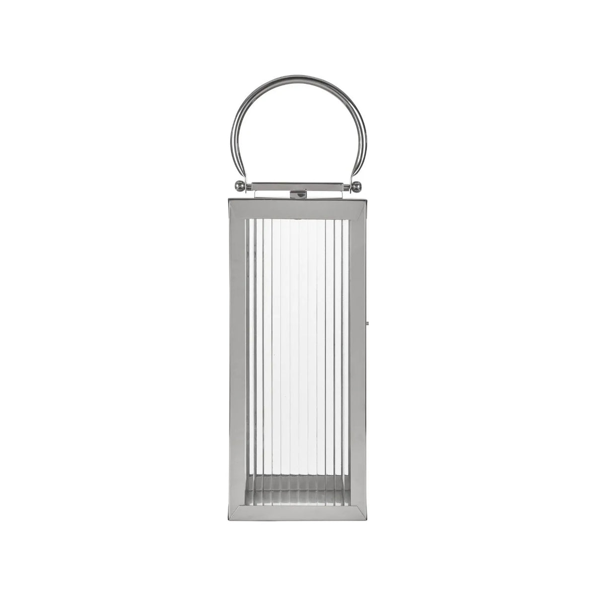 Small Polished Silver Nickel Candle Lantern with Ribbed Glass Panels & Curved Carry Handle – Decorative Stainless Steel Lantern 43x19x17cm – Full front view showing rectangular frame and fine vertical ribbed glass | Click Style