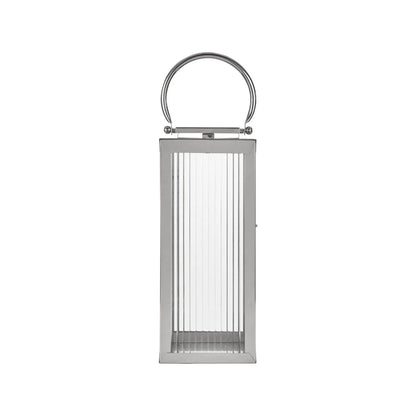 Small Polished Silver Nickel Candle Lantern with Ribbed Glass Panels & Curved Carry Handle – Decorative Stainless Steel Lantern 43x19x17cm – Full front view showing rectangular frame and fine vertical ribbed glass | Click Style