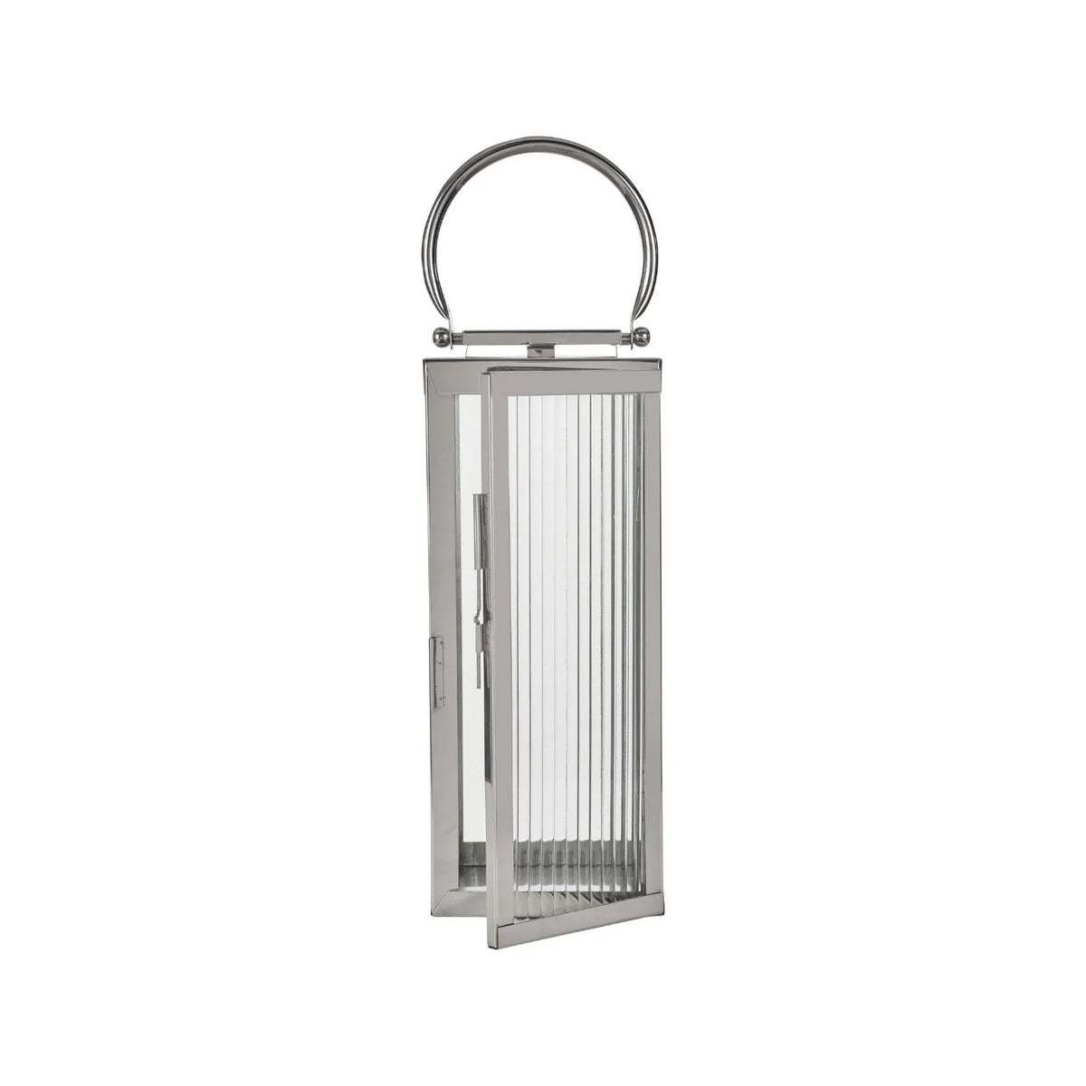 Small Polished Silver Nickel Candle Lantern with Ribbed Glass Panels & Curved Carry Handle – Decorative Stainless Steel Lantern 43x19x17cm – Full-length product view with hinged ribbed glass door open | Click Style