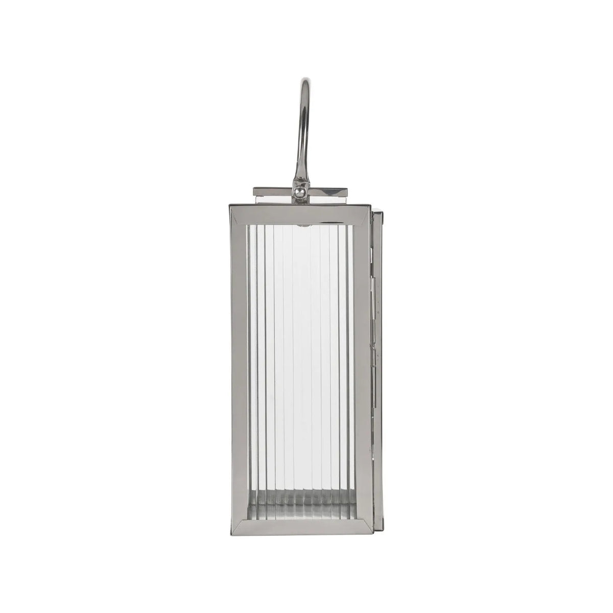 Small Polished Silver Nickel Candle Lantern with Ribbed Glass Panels & Curved Carry Handle – Decorative Stainless Steel Lantern 43x19x17cm – Opposite side profile showing polished silver finish and hinged glass door | Click Style
