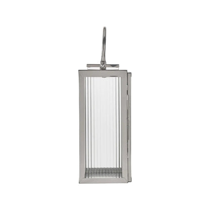 Small Polished Silver Nickel Candle Lantern with Ribbed Glass Panels & Curved Carry Handle – Decorative Stainless Steel Lantern 43x19x17cm – Opposite side profile showing polished silver finish and hinged glass door | Click Style