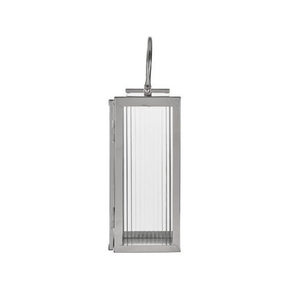 Small Polished Silver Nickel Candle Lantern with Ribbed Glass Panels & Curved Carry Handle – Decorative Stainless Steel Lantern 43x19x17cm – Side profile showing narrow stainless steel frame and curved carry handle | Click Style