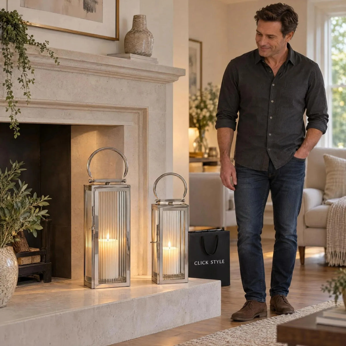 Small Polished Silver Nickel Candle Lantern with Ribbed Glass Panels & Curved Carry Handle – Decorative Stainless Steel Lantern 43x19x17cm displayed beside the matching large 58cm silver lantern with glowing candles on a limestone fireplace hearth as a man stands nearby | Click Style
