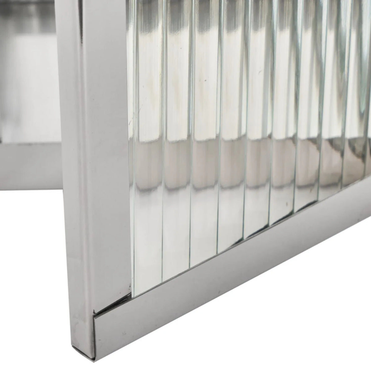 Small Polished Silver Nickel Candle Lantern with Ribbed Glass Panels & Curved Carry Handle – Decorative Stainless Steel Lantern 43x19x17cm – Close-up of fine vertical ribbed glass and polished silver lower frame | Click Style
