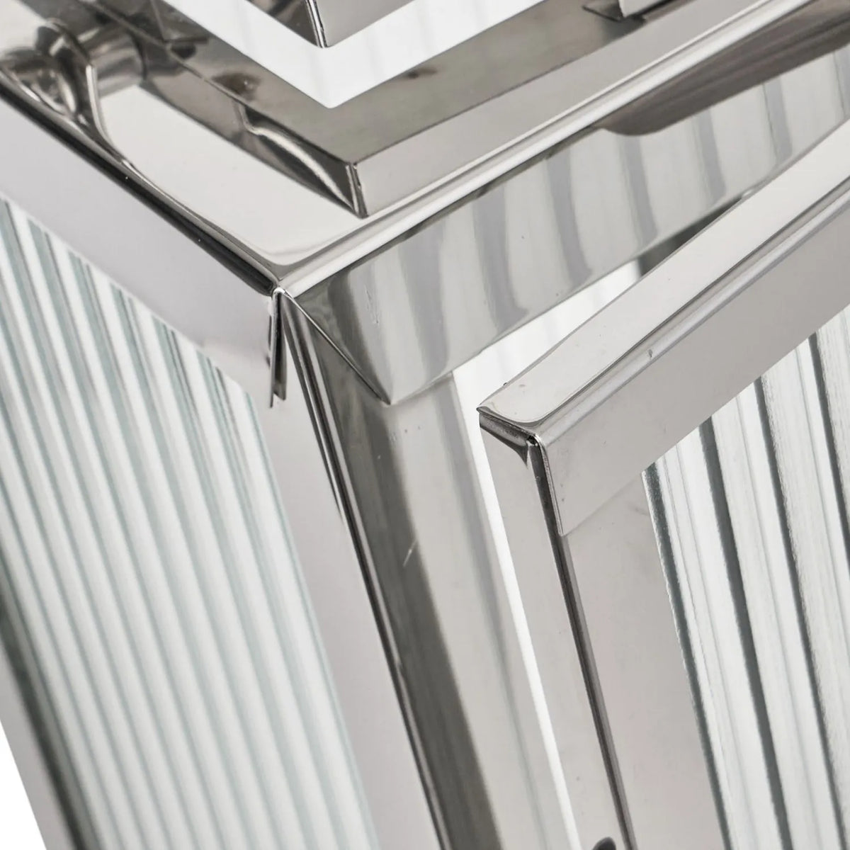 Small Polished Silver Nickel Candle Lantern with Ribbed Glass Panels & Curved Carry Handle – Decorative Stainless Steel Lantern 43x19x17cm – Detailed view of open glass door and reflective stainless steel frame | Click Style