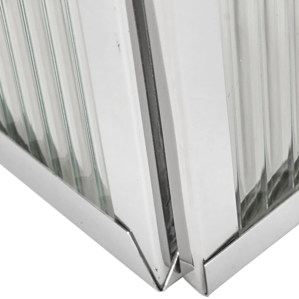 Small Polished Silver Nickel Candle Lantern with Ribbed Glass Panels & Curved Carry Handle – Decorative Stainless Steel Lantern 43x19x17cm – Close-up of stainless steel door corner and ribbed glass panel | Click Style