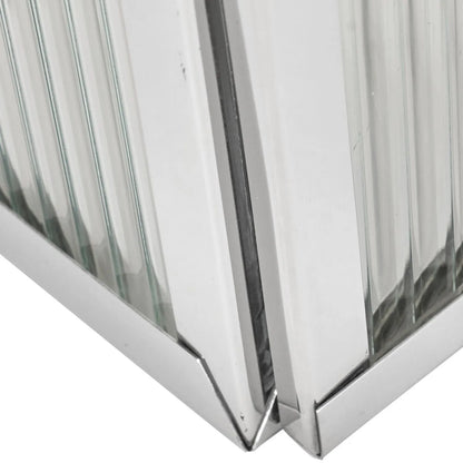 Small Polished Silver Nickel Candle Lantern with Ribbed Glass Panels & Curved Carry Handle – Decorative Stainless Steel Lantern 43x19x17cm – Close-up of stainless steel door corner and ribbed glass panel | Click Style