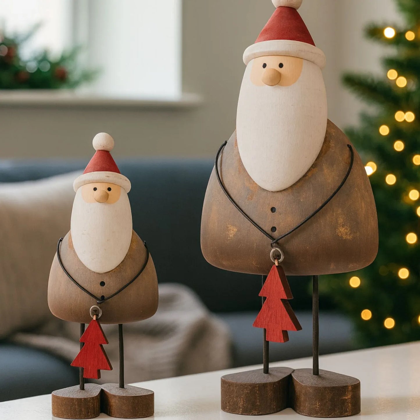 Small Rustic Standing Wooden & Metal Father Christmas Ornament with Red Hat & Tree Gift – Weathered Nordic Christmas Decoration 14x6x6cm | Click Style