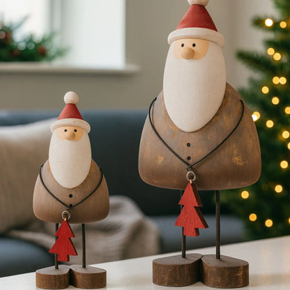 Small Rustic Standing Wooden & Metal Father Christmas Ornament with Red Hat & Tree Gift – Weathered Nordic Christmas Decoration 14x6x6cm | Click Style