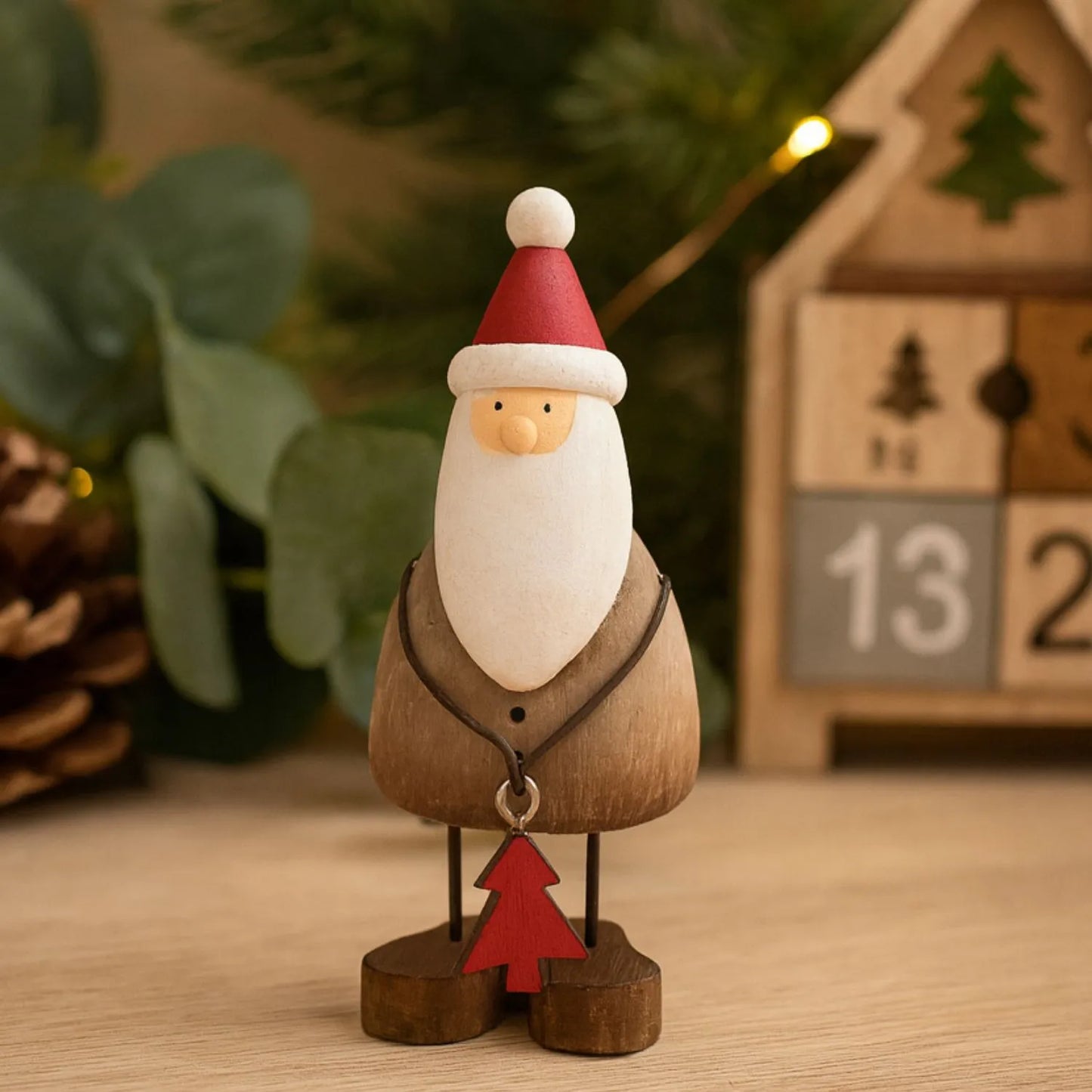 Small Rustic Standing Wooden & Metal Father Christmas Ornament with Red Hat & Tree Gift – Weathered Nordic Christmas Decoration 14x6x6cm | Click Style
