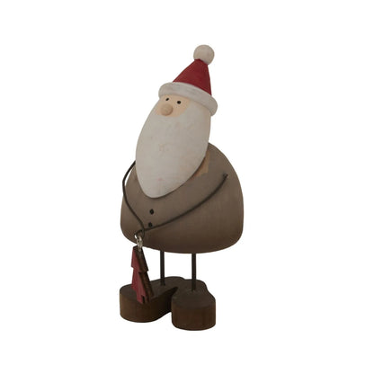 Small Rustic Standing Wooden & Metal Father Christmas Ornament with Red Hat & Tree Gift – Weathered Nordic Christmas Decoration 14x6x6cm | Click Style