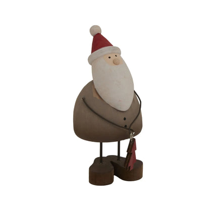 Small Rustic Standing Wooden & Metal Father Christmas Ornament with Red Hat & Tree Gift – Weathered Nordic Christmas Decoration 14x6x6cm | Click Style