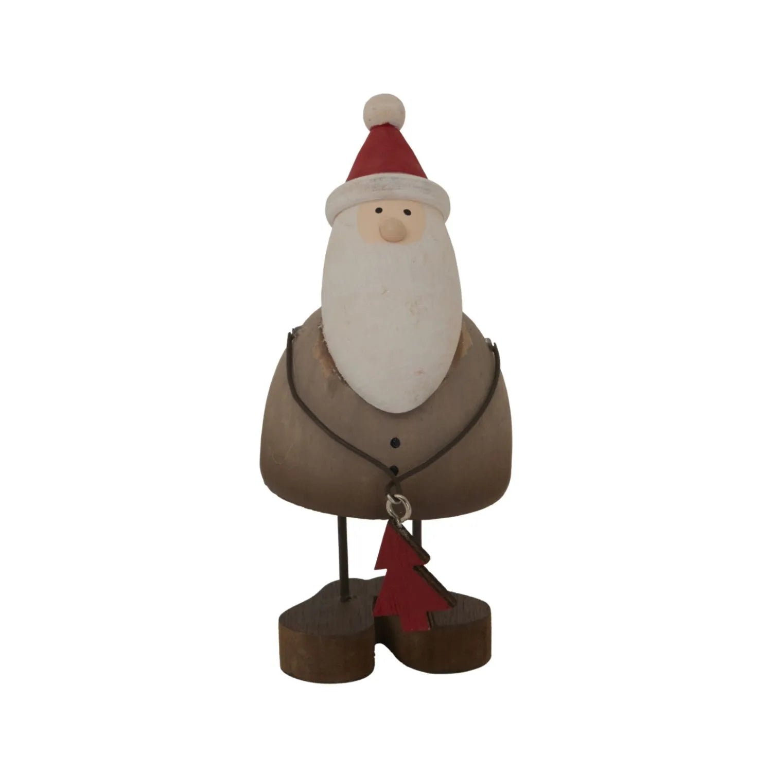 Small Rustic Standing Wooden & Metal Father Christmas Ornament with Red Hat & Tree Gift – Weathered Nordic Christmas Decoration 14x6x6cm | Click Style