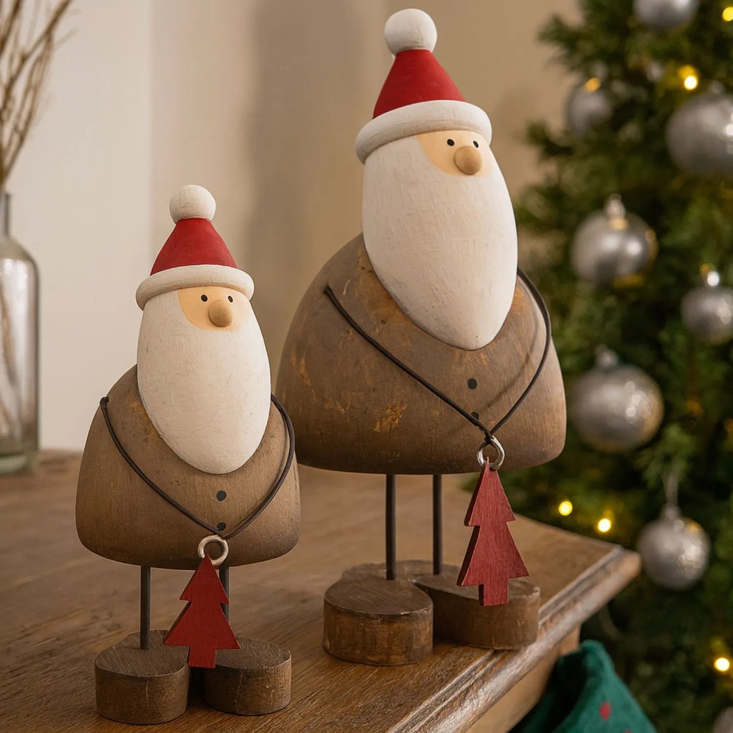 Small Rustic Standing Wooden & Metal Father Christmas Ornament with Red Hat & Tree Gift – Weathered Nordic Christmas Decoration 14x6x6cm | Click Style