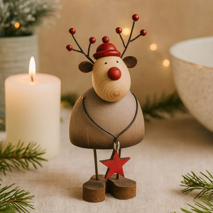 Small Rustic Standing Wooden & Metal Reindeer Ornament with Red Bobble Hat & Star Pendant – Weathered Scandi Festive Christmas Decoration 14x7x6cm | Click Style
