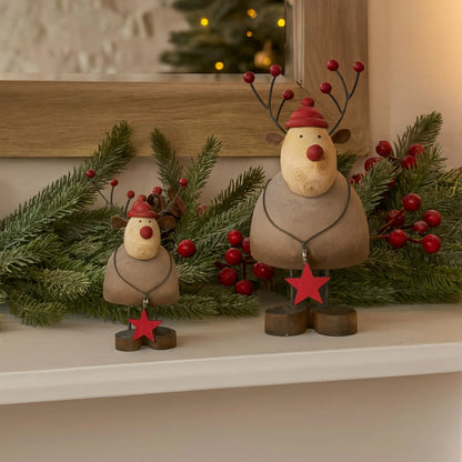 Small Rustic Standing Wooden & Metal Reindeer Ornament with Red Bobble Hat & Star Pendant – Weathered Scandi Festive Christmas Decoration 14x7x6cm | Click Style