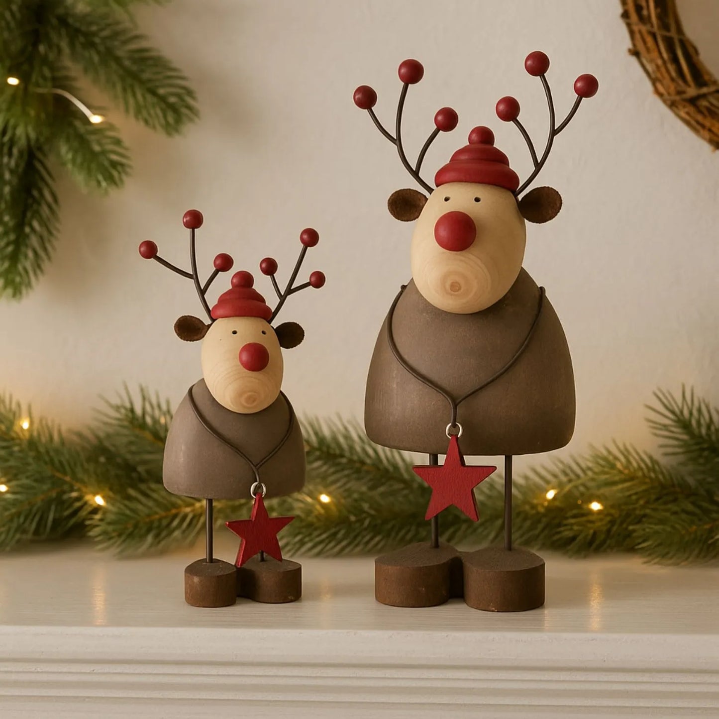 Small Rustic Standing Wooden & Metal Reindeer Ornament with Red Bobble Hat & Star Pendant – Weathered Scandi Festive Christmas Decoration 14x7x6cm | Click Style