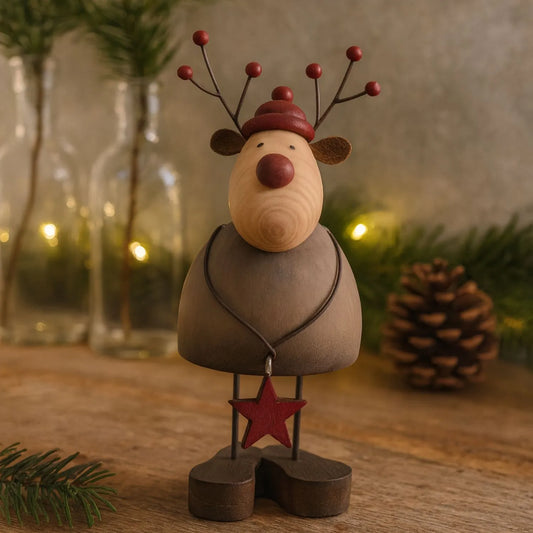 Small Rustic Standing Wooden & Metal Reindeer Ornament with Red Bobble Hat & Star Pendant – Weathered Scandi Festive Christmas Decoration 14x7x6cm | Click Style