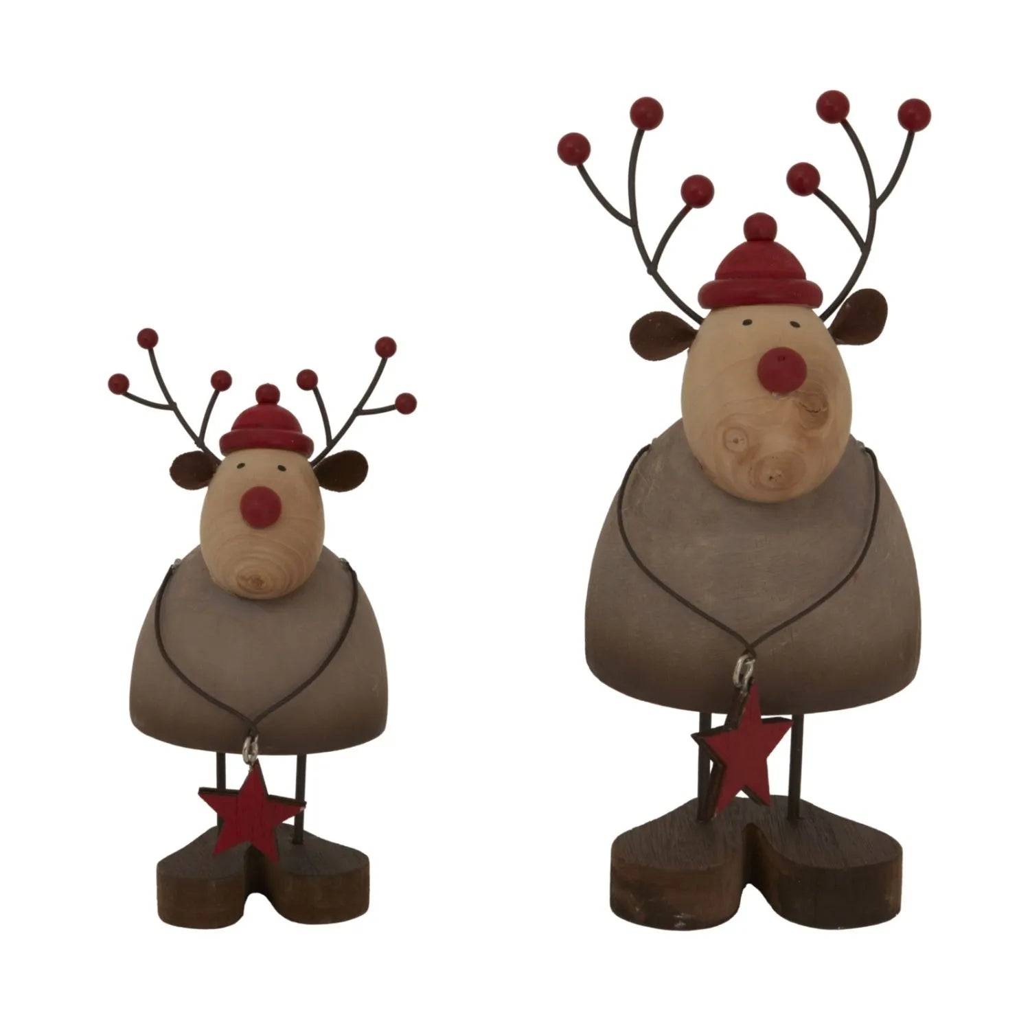 Small Rustic Standing Wooden & Metal Reindeer Ornament with Red Bobble Hat & Star Pendant – Weathered Scandi Festive Christmas Decoration 14x7x6cm | Click Style