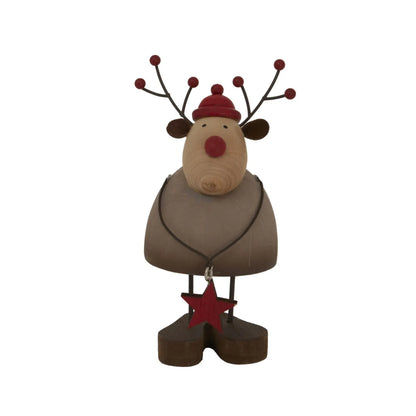Small Rustic Standing Wooden & Metal Reindeer Ornament with Red Bobble Hat & Star Pendant – Weathered Scandi Festive Christmas Decoration 14x7x6cm | Click Style