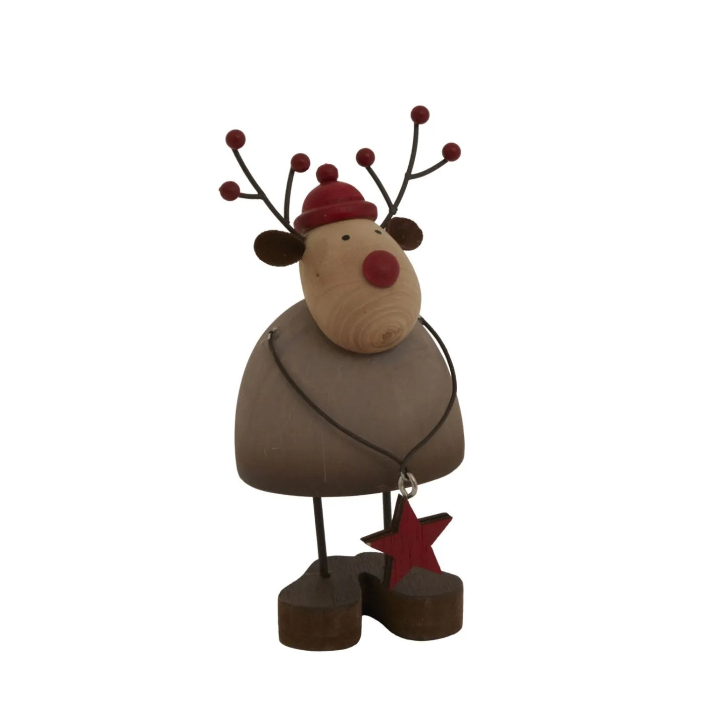 Small Rustic Standing Wooden & Metal Reindeer Ornament with Red Bobble Hat & Star Pendant – Weathered Scandi Festive Christmas Decoration 14x7x6cm | Click Style