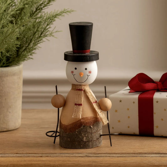 Small rustic standing wooden & metal snowman ornament with top hat, hessian scarf & ski poles – weathered Scandi festive Christmas decoration 15x9x5cm | Click Style