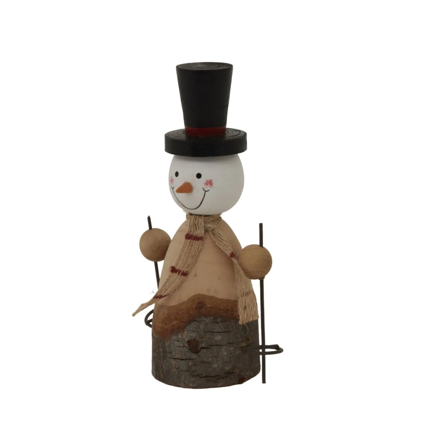 Small rustic standing wooden & metal snowman ornament with top hat, hessian scarf & ski poles – weathered Scandi festive Christmas decoration 15x9x5cm | Click Style