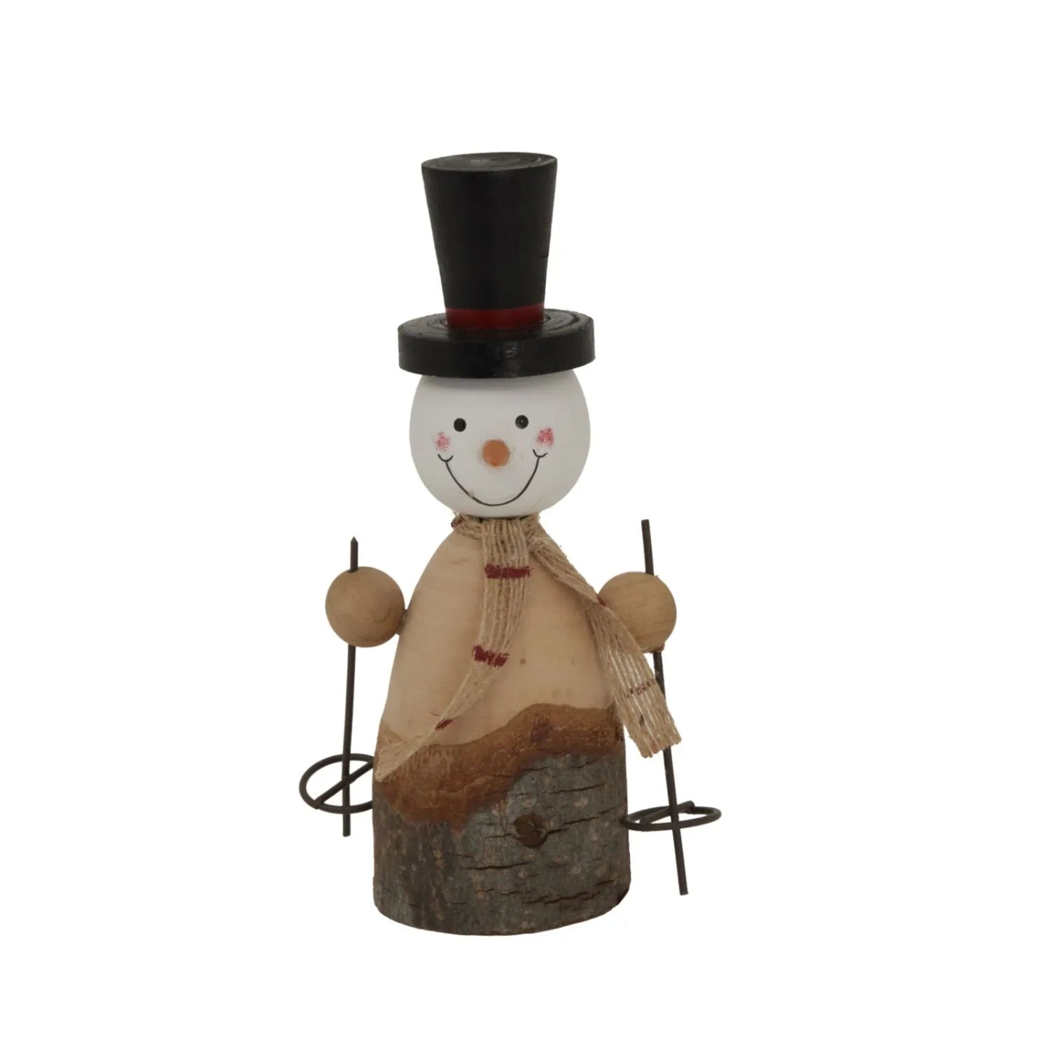 Small rustic standing wooden & metal snowman ornament with top hat, hessian scarf & ski poles – weathered Scandi festive Christmas decoration 15x9x5cm | Click Style