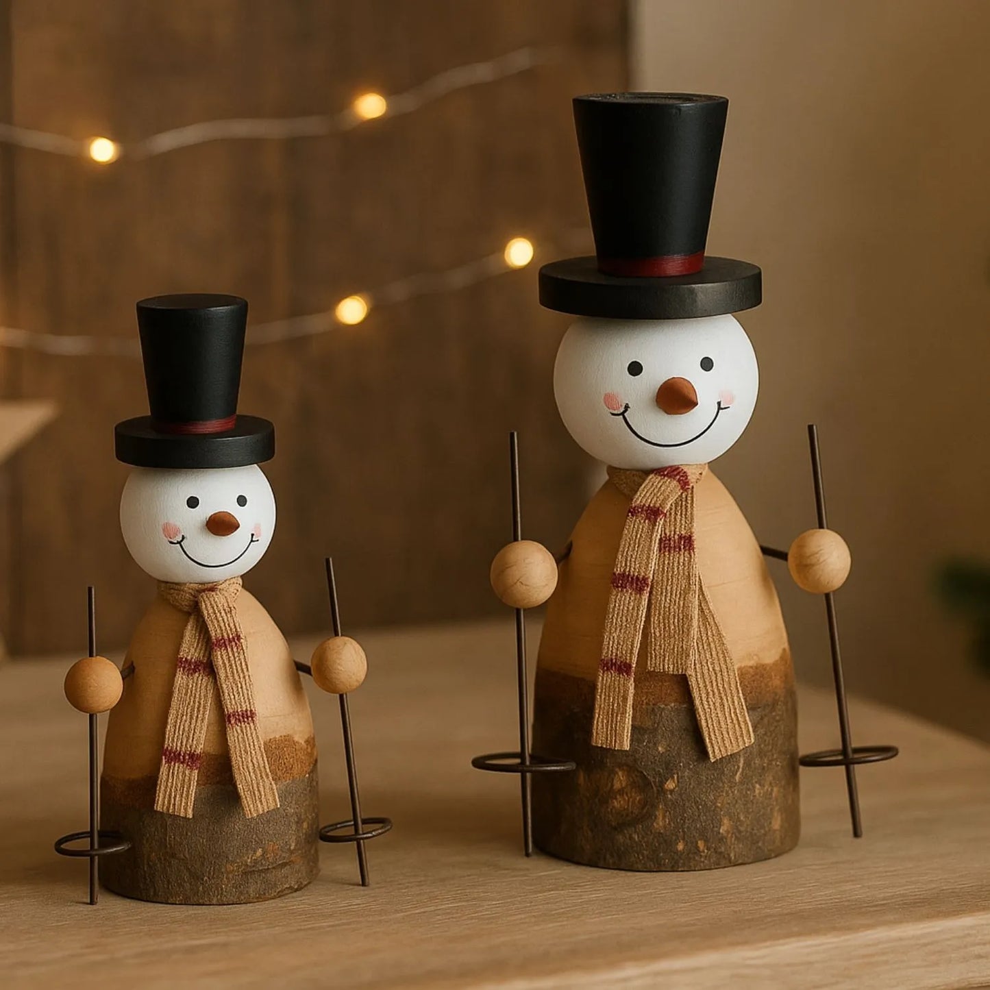 Small rustic standing wooden & metal snowman ornament with top hat, hessian scarf & ski poles – weathered Scandi festive Christmas decoration 15x9x5cm | Click Style