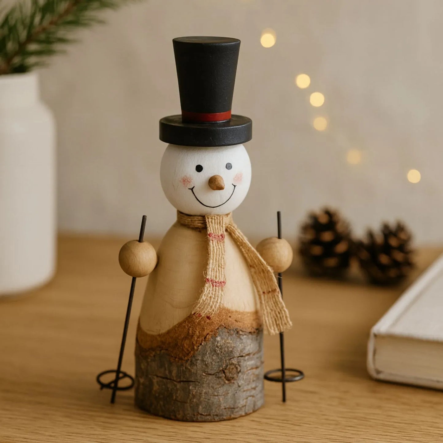 Small rustic standing wooden & metal snowman ornament with top hat, hessian scarf & ski poles – weathered Scandi festive Christmas decoration 15x9x5cm | Click Style