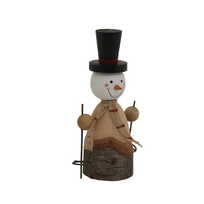 Small rustic standing wooden & metal snowman ornament with top hat, hessian scarf & ski poles – weathered Scandi festive Christmas decoration 15x9x5cm | Click Style