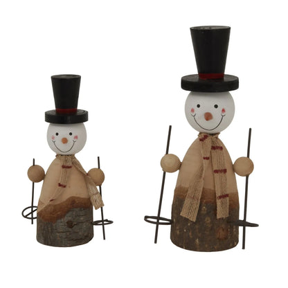 Small rustic standing wooden & metal snowman ornament with top hat, hessian scarf & ski poles – weathered Scandi festive Christmas decoration 15x9x5cm | Click Style