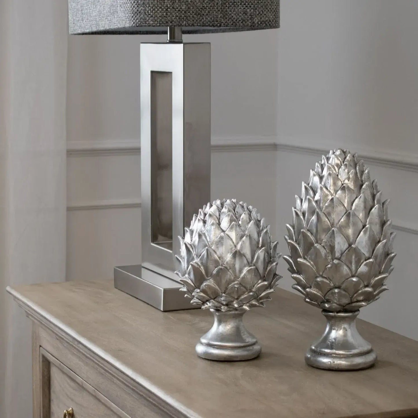 Small Silver Ceramic Pinecone Ornament on Pedestal Stand with Metallic Finish – Decorative Centrepiece for Home Decor 23x15cm - Click Style