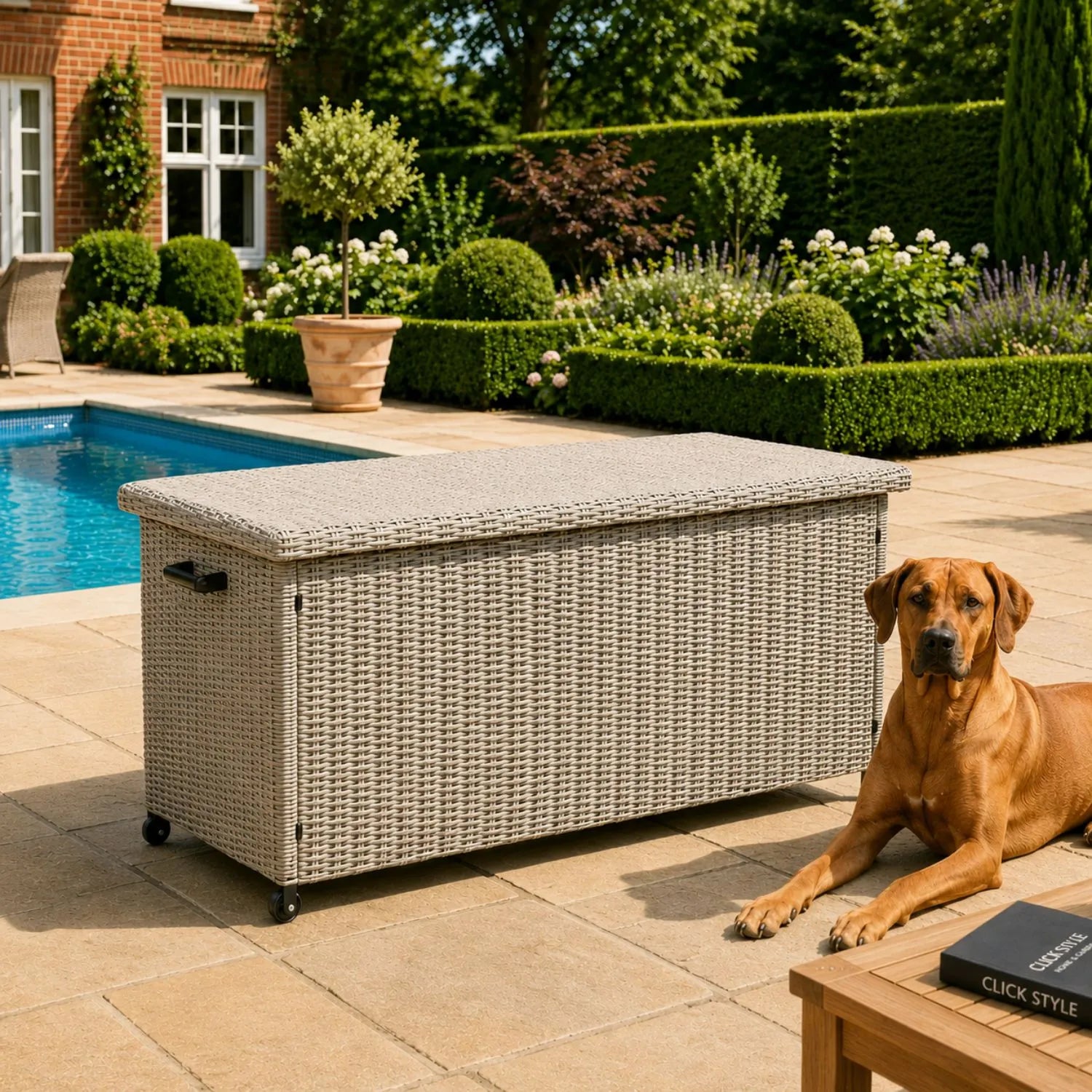 Small Slate Grey Rattan Effect 460L Weatherproof Outdoor Garden Cushion Storage Box with Wheels, Gas-Assisted Lid, UV-Protected PE Rattan and Powder-Coated Aluminium Frame | Click Style